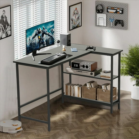 CL.HPAHKL L Shaped Computer Desk, 43 inch Small Corner Desk Reversible Gaming Desk with Storage Shelves, Writing Study Table for Home Office Dorm Small Space, Black