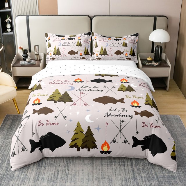 Erosebridal Housse de Couette Imprimé Poisson 100 % Coton Simple, Literie Animal Rustique Taille Simple, Décoration Chasse et Pêche, Réversible (Sans Couette)