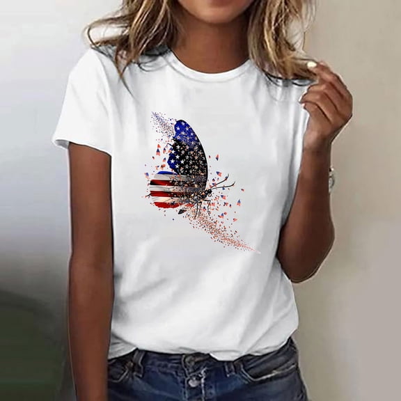 Cavosen Red White and Blue Tops for Women Petite 4th of July Short Sleeve Round Neck Shirts USA Star Striped Print Shirts Lady XL Red White and Blue Casual Tops Patriotic Tunic Tees Patriotic Blouses