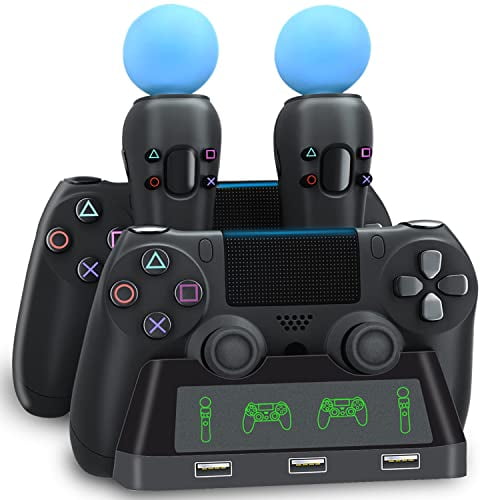 PS4 Controller Charging Dock Station,4 in 1 PS VR Motion Move Controller Charger Station,Fast Playstation 4 Controller Charger with LED Indicator Compatible with PS4/Slim/PS4 Pro/PS VR Charging Dock