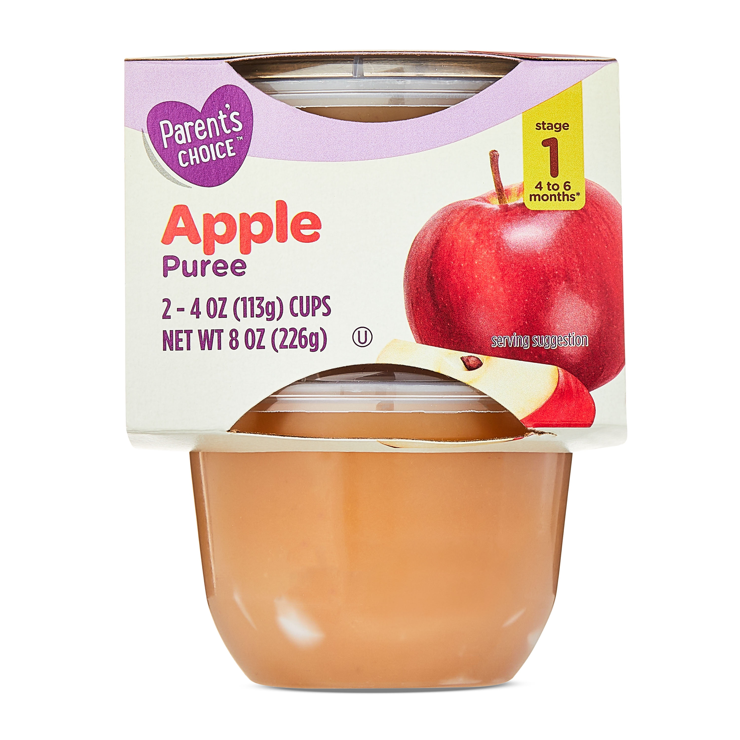 (12 pack) Parent's Choice Stage 1 Baby Food Apple Puree, 4 oz Cups, 2 Pack