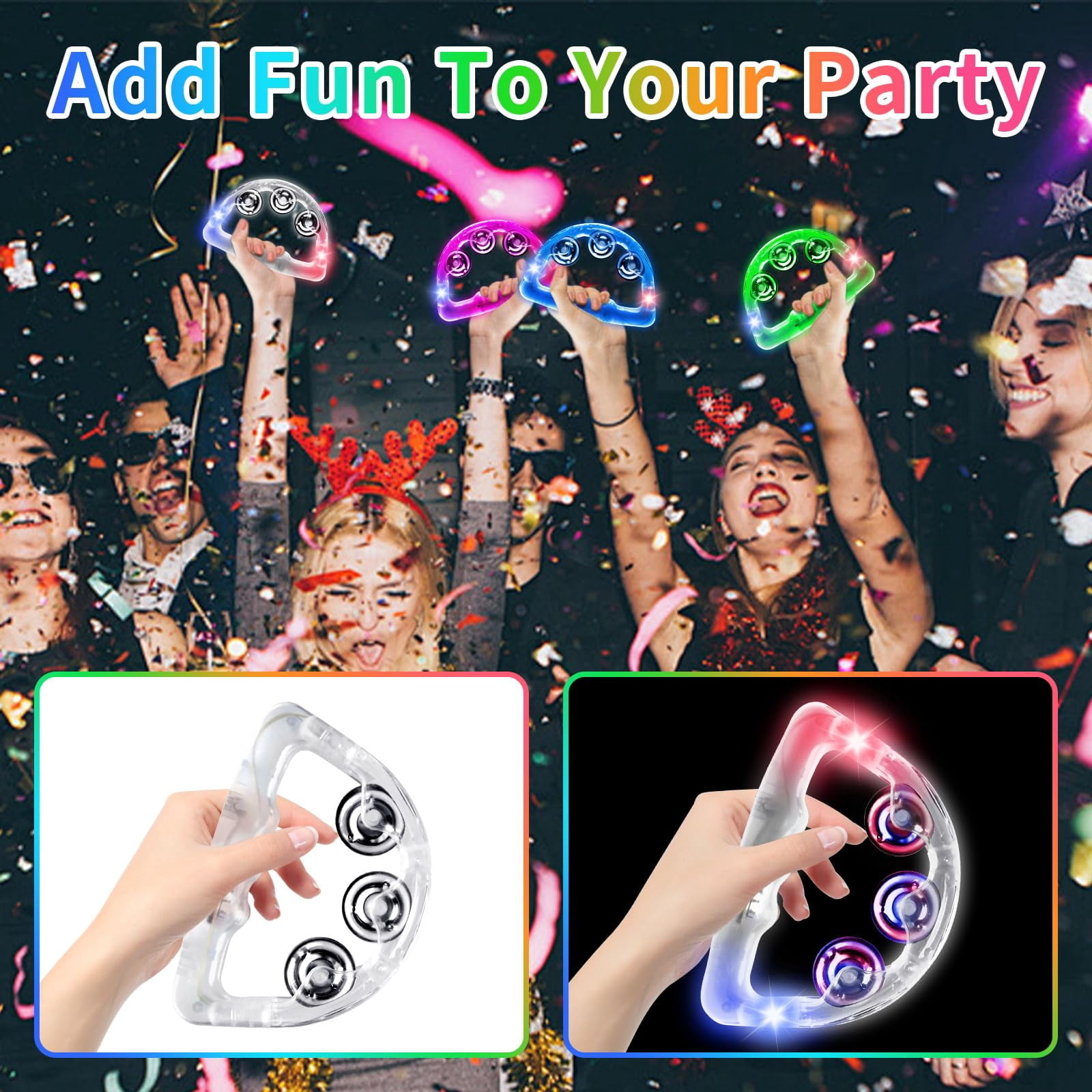12 Pack Led Light Up Tambourines  Tambourine For Adults Kids Musical Flashing Glow In The Dark Handheld Percussion Instrument Wedding Party