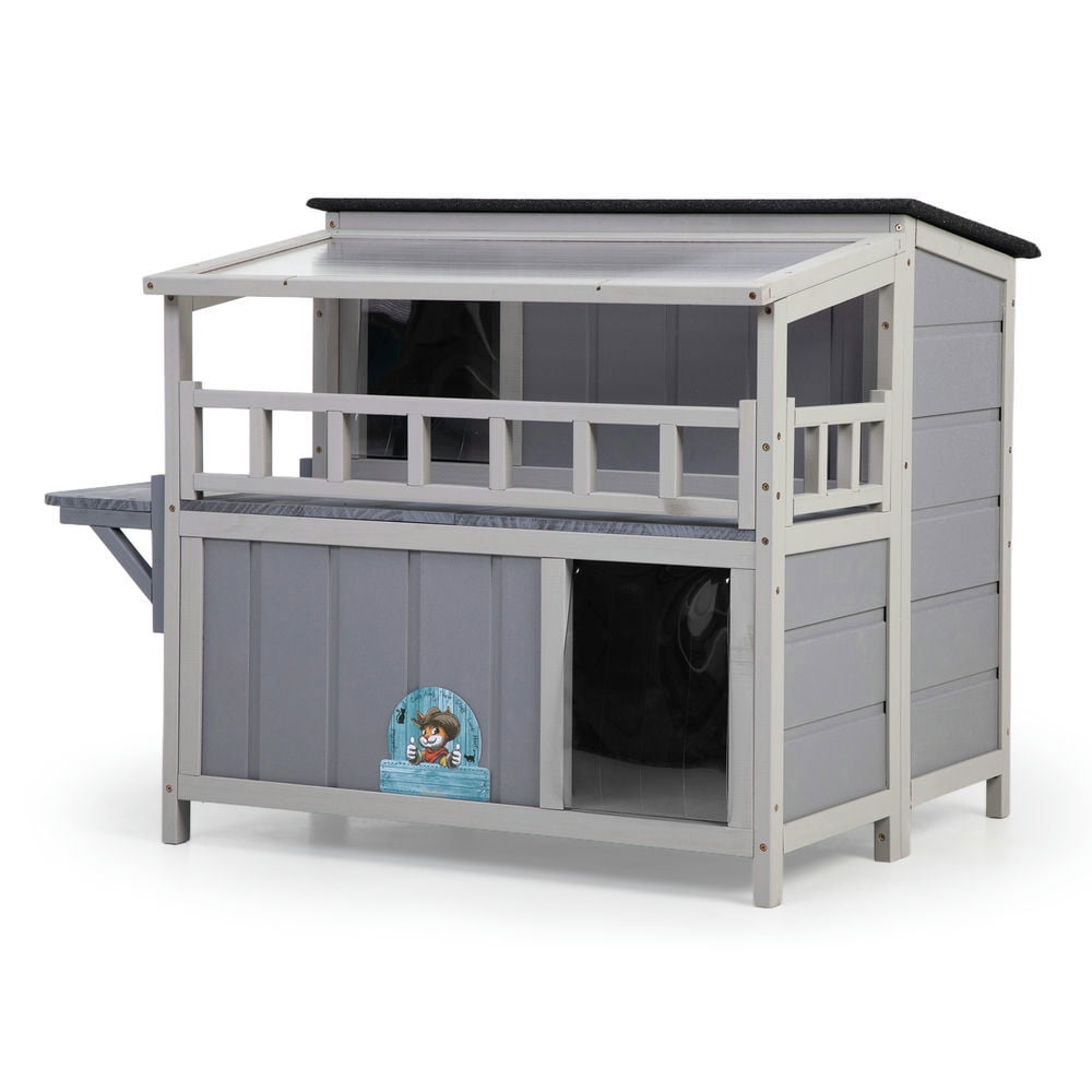 Spaco 2-Tier Wooden Cat House & Enclosure with Jumping Platforms and Play Run, Waterproof Outdoor Cat Cage, Gray
