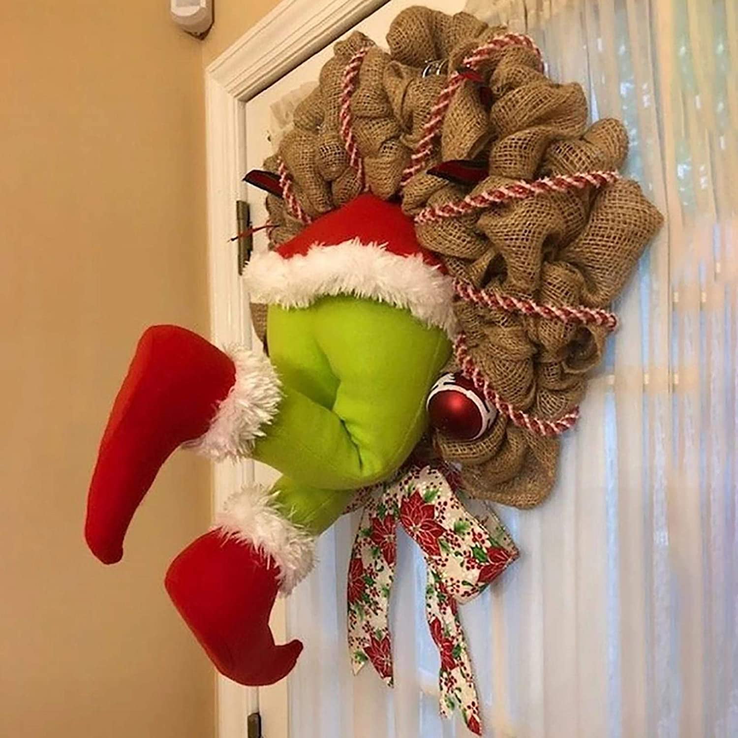 Santa Sitting Inside Hanging 'Welcome' Wreath Christmas Decoration 