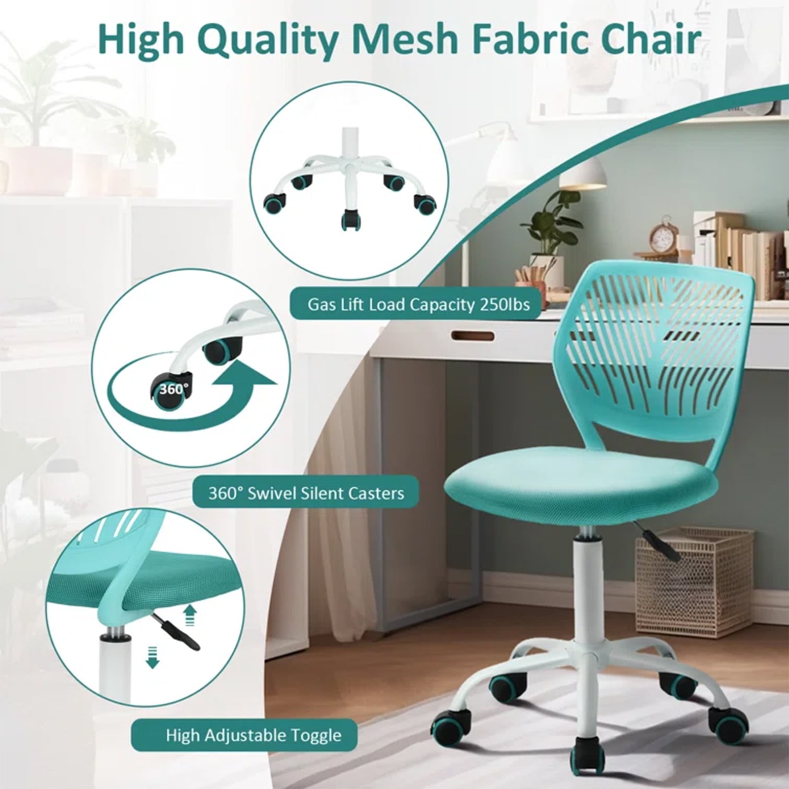 Homy Casa Kids Desk Chair, Height Adjustable Small Study Computer Task Chair for Student Children Teens with Wheels, Turquoise