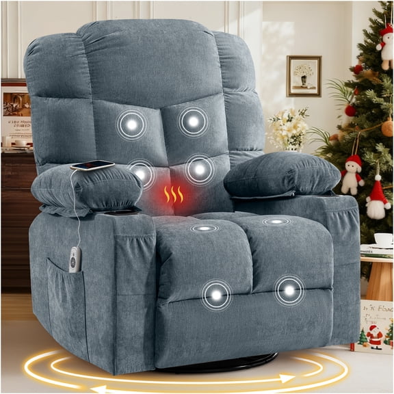 JERFIT 360 Swivel Recliner Chair with Massage and Heat, Oversized Rocking Chair with Lumbar Heating, USB Ports, Cup Holders for Living Room, Blue