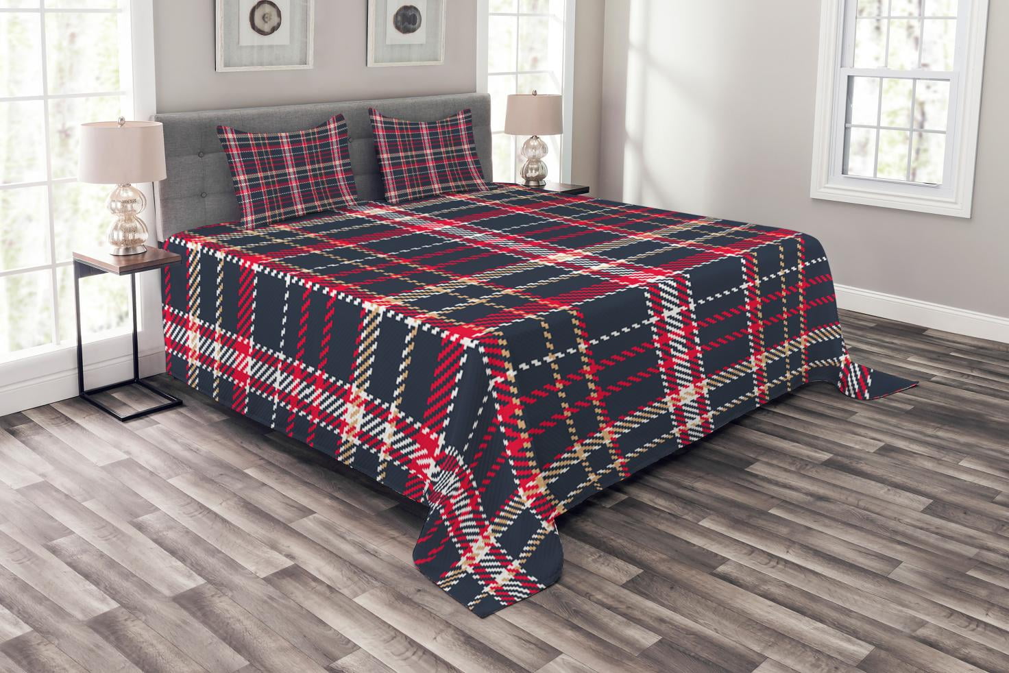 Plaid Bedspread Set King Size, Classical Pattern with Traditional