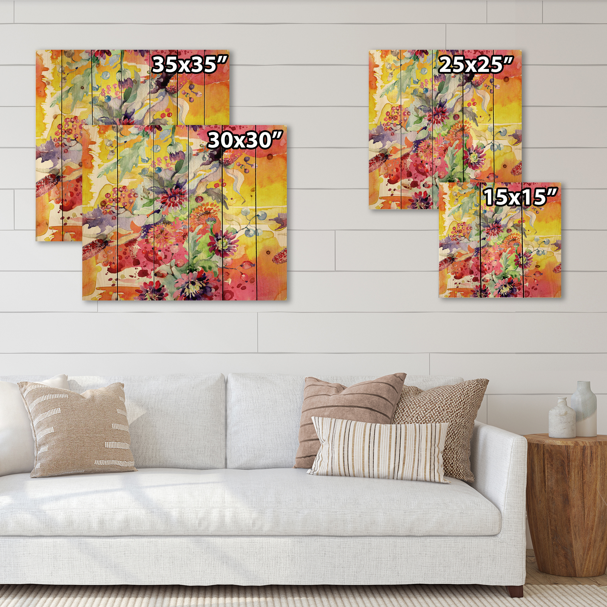 Designart 'Wildflowers and Vibrant Wild Spring Leaves' Modern Print on Natural Pine Wood