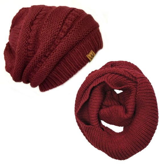 ALLYDREW Thick Knitted Winter Infinity Circle Scarf and Slouchy Beanie Set, Burgundy