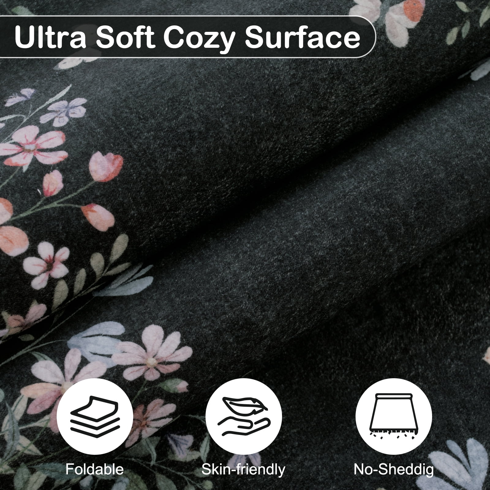 Wonnitar 4'x6' Floral Area Rugs for Living Room, Washable Rugs for Bedroom Stain Resistant Black Vintage Throw Rugs for Dining Home Office Room Sunroom, Soft Non Slip