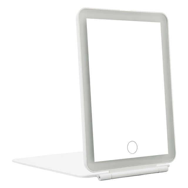 Espejo de tocador de viaje recargable LED, espejo de belleza de maquillaje iluminado portátil plegable con pantalla táctil regulable
