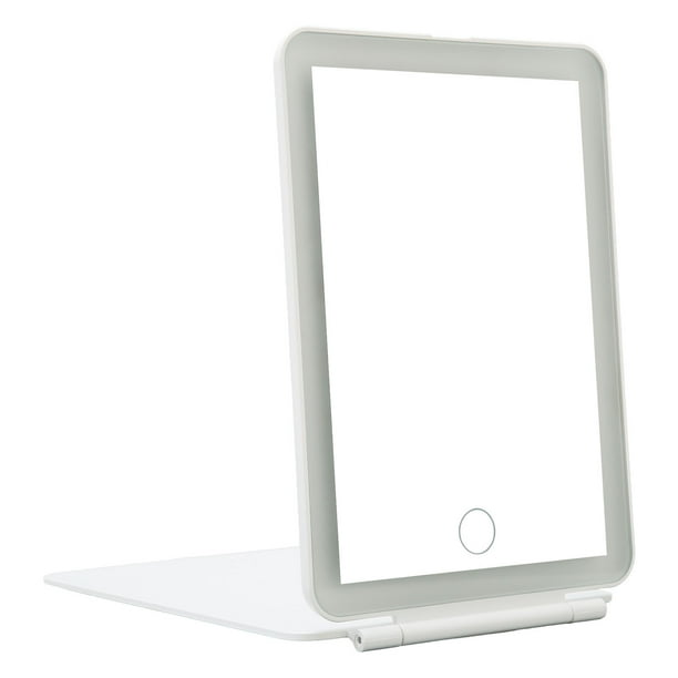 Espejo de tocador de viaje recargable LED, espejo de belleza de maquillaje iluminado portátil plegable con pantalla táctil regulable