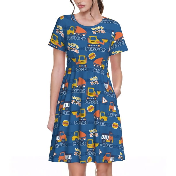 Easygdp Construction Vehicles para Vestido Transpirable de Mujer, Vestido Suelto de Manga Corta con Pliegues y Bolsillos para el Verano