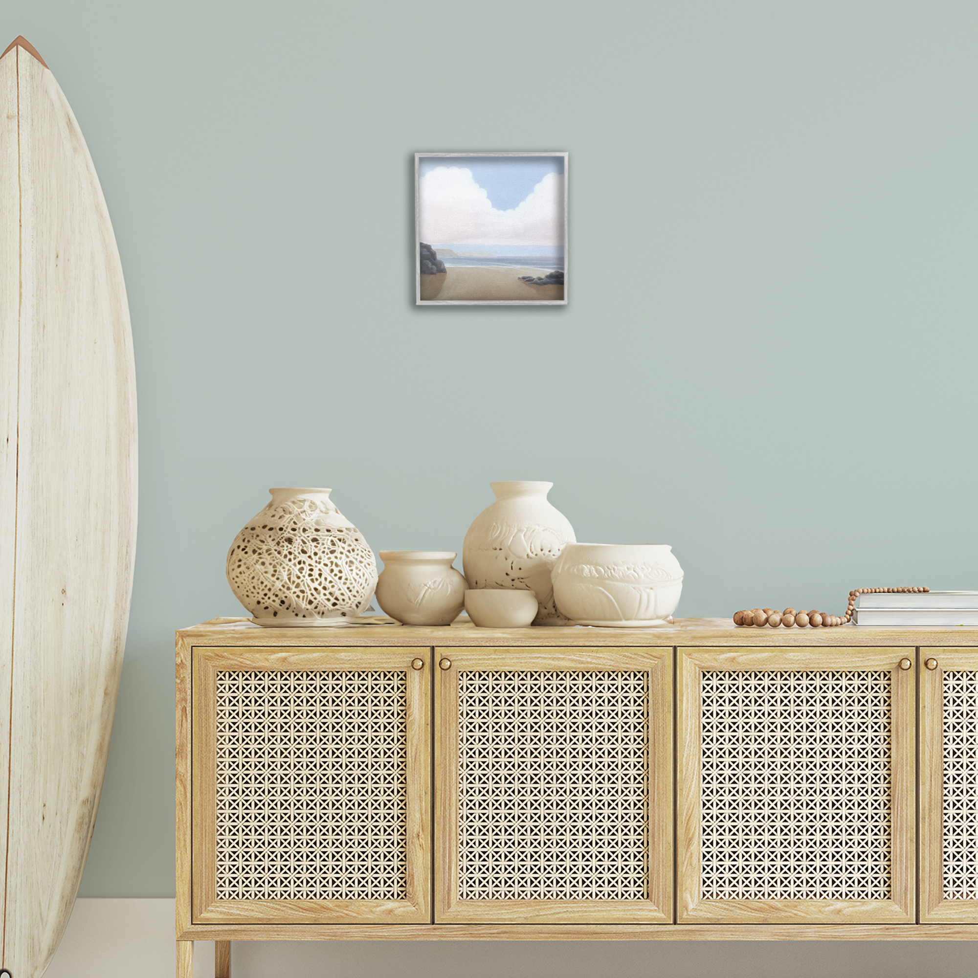 Stupell Industries Fluffy Clouds Over Beach Landscape Painting Gray Framed Art Print Wall Art, 12 x 12