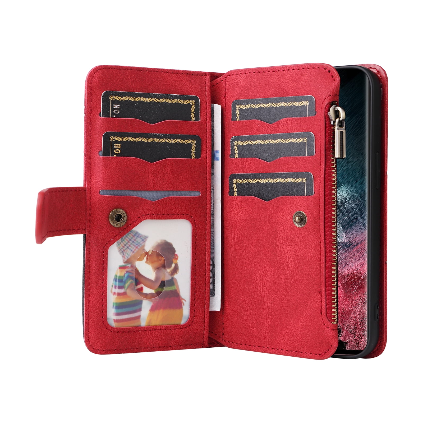 Dteck for Samsung Galaxy S23 Case 2023 6.1 Inch Wallet with 9 Card Slots, Zipper Pocket PU Leather Folio Flip Phone Case with Wristlet Strap for Samsung Galaxy S23 5G,Red