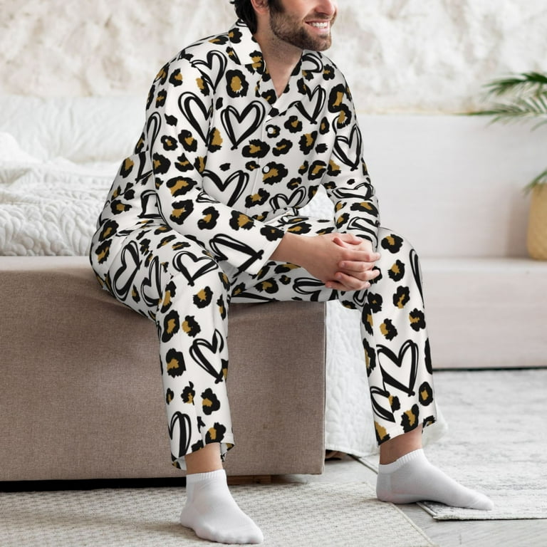 Mens Pajamas Set, Heart leopard print Button-Down Pajamas for Men