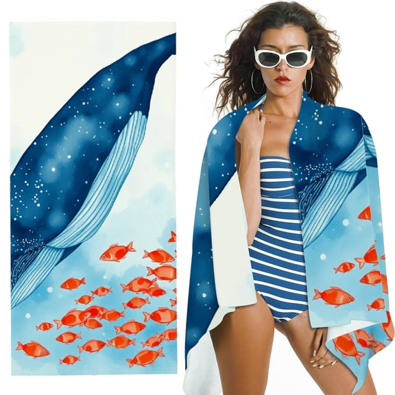 RKSupls Watercolor Whale Microfiber Beach Towel, Extra Large Quick Dry Lightweight Absorbent Towel for Travel Swimming Camping, Soft Super Absorbent- 30x60 in