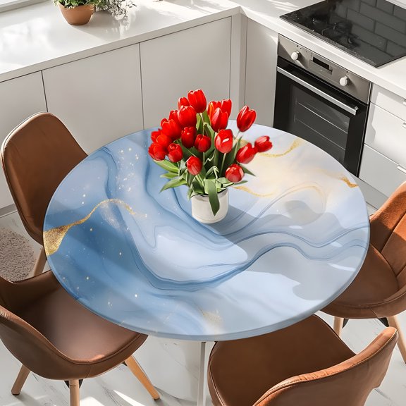 Blue Gold Marble Textured Elastic Fitted Round Tablecloth Watercolor Abstract Modern Art Waterproof Outdoor Table Cover for Holiday Party, Picnic, Patio & Dining Fits Tables Up to 55"-60"