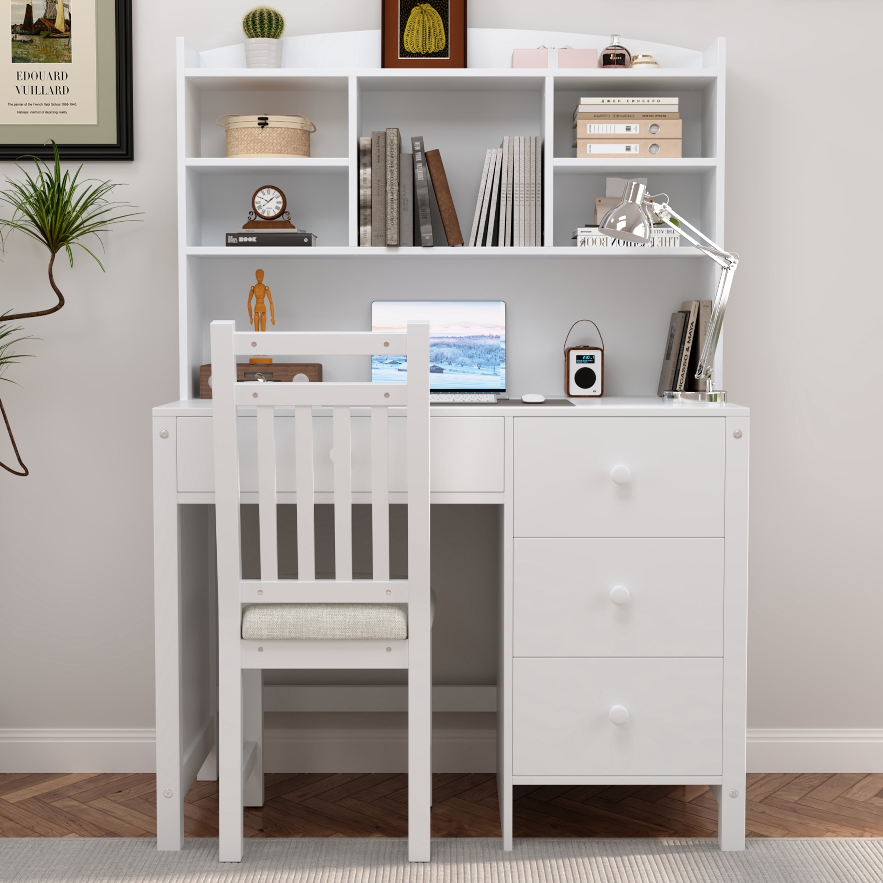 Aukfa 40" Home Office Computer Desk with Hutch, Executive Desk & Upholstered Chair Set with Bookshelf for Study/Bedroom, White