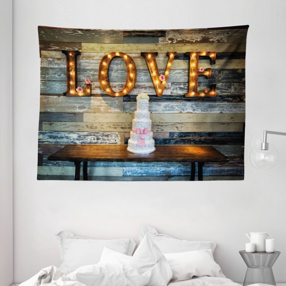 Wedding Decorations Tapestry, Wedding Cake wtih the Word Love as Sinage on Wooden Background Print, Wall Hanging for Bedroom Living Room Dorm Decor, 80W X 60L Inches, Multicolor, by Ambesonne