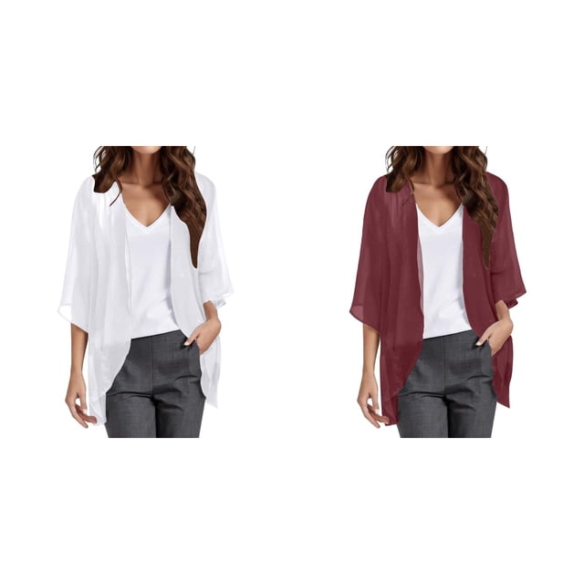 (Lot de 2) Kcodviy Chandail Léger Élégant Uni à Col en V Bouffant pour Femme, Cardigan à Manches pour Femme, Couvre-Maillot Ample, Cardigan Léger pour Femme, Haut Blouse Décontracté
