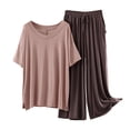 thumbnail image 1 of Womens Modal Pajamas Two Piece Sleepwear Set Short Sleeve Tops Long Wide Leg Pants Fall Summer Pjs Pajamas Coffee, L, 1 of 3