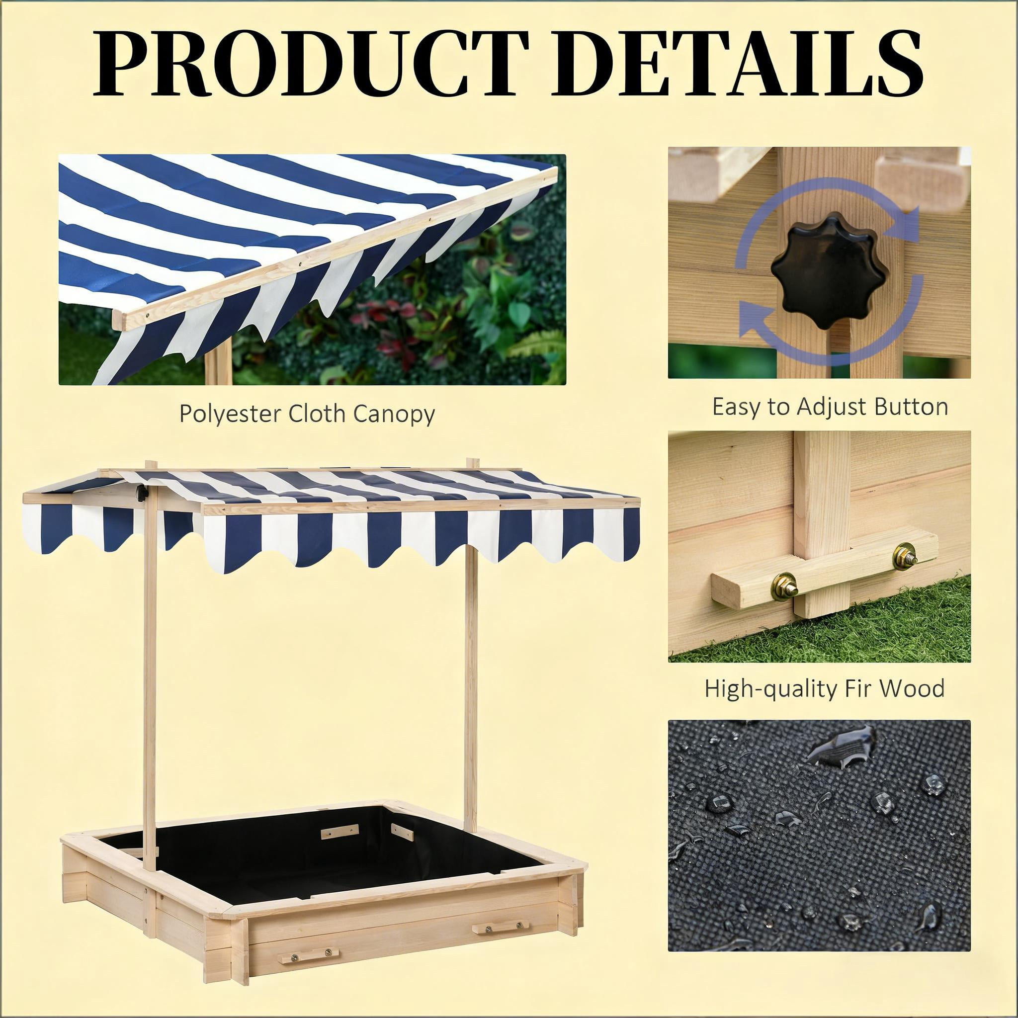 Kids Wooden Sandbox with Adjustable Height & Angle Canopy, Foldable Backrest Bench, Detachable Seats, Non-Woven Bottom Liner, Outdoor Children Sand Play Station for Backyard, Ages 3-7