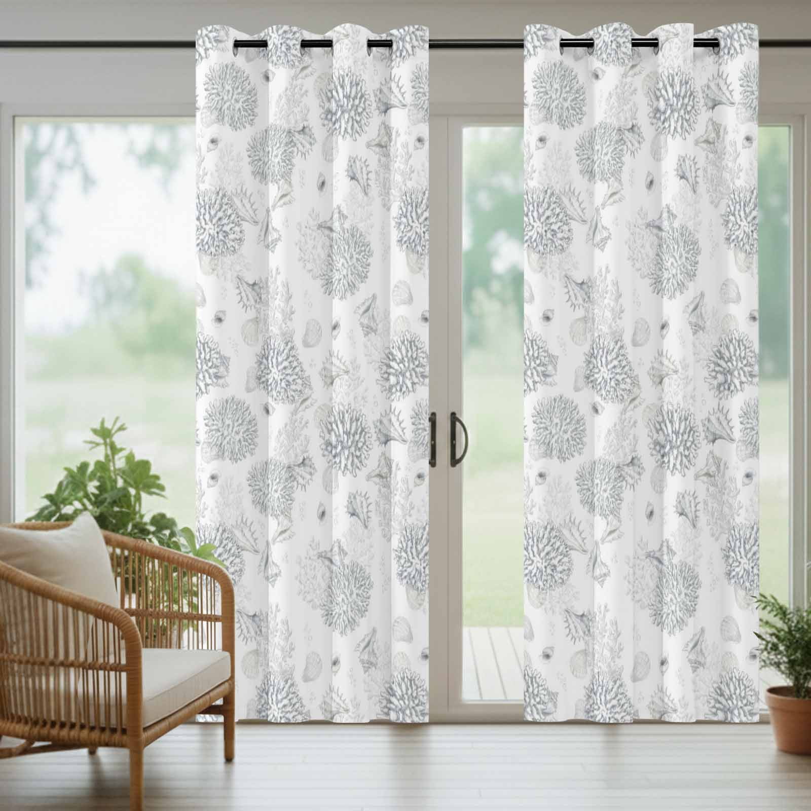 Summer Marine Life Outdoor Curtains for Patio, Abstract Line Drawing Coral Conch Coastal Sunshade Privacy Drapes Grommet Waterproof Outside Curtains for Porch/Cabana/Balcony 54"x 108", 1 Panel