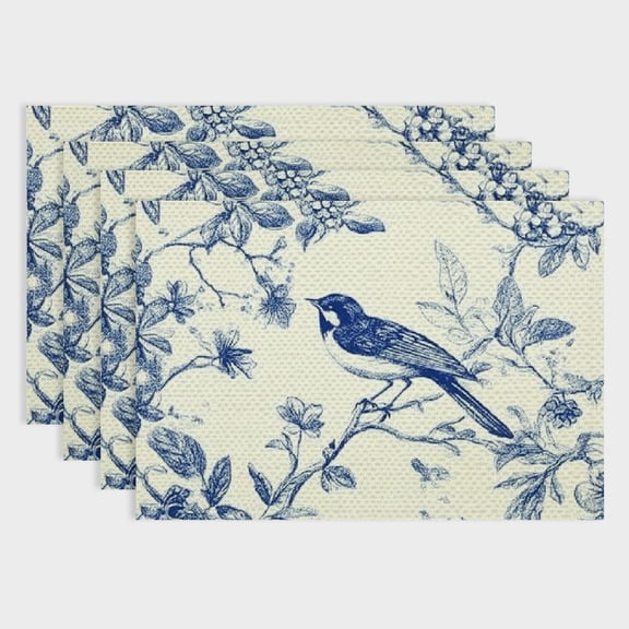 Pratyus Birds Flowers Blue and White Pattern Linen Cloth Placemat Set - Ideal for Birthdays, Christmas, Restaurants, and Home Decor - 4 Pack 18x12in