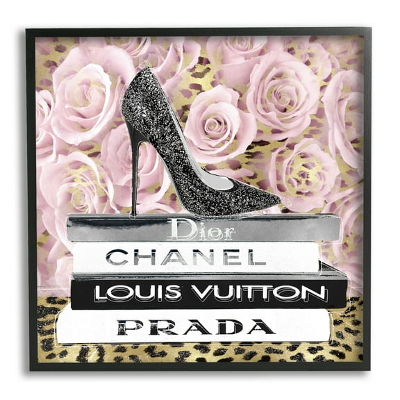 Stupell Industries Pink Roses Bookstack Botanical & Floral Painting Black Framed Art Print Wall Art, 12 x 12