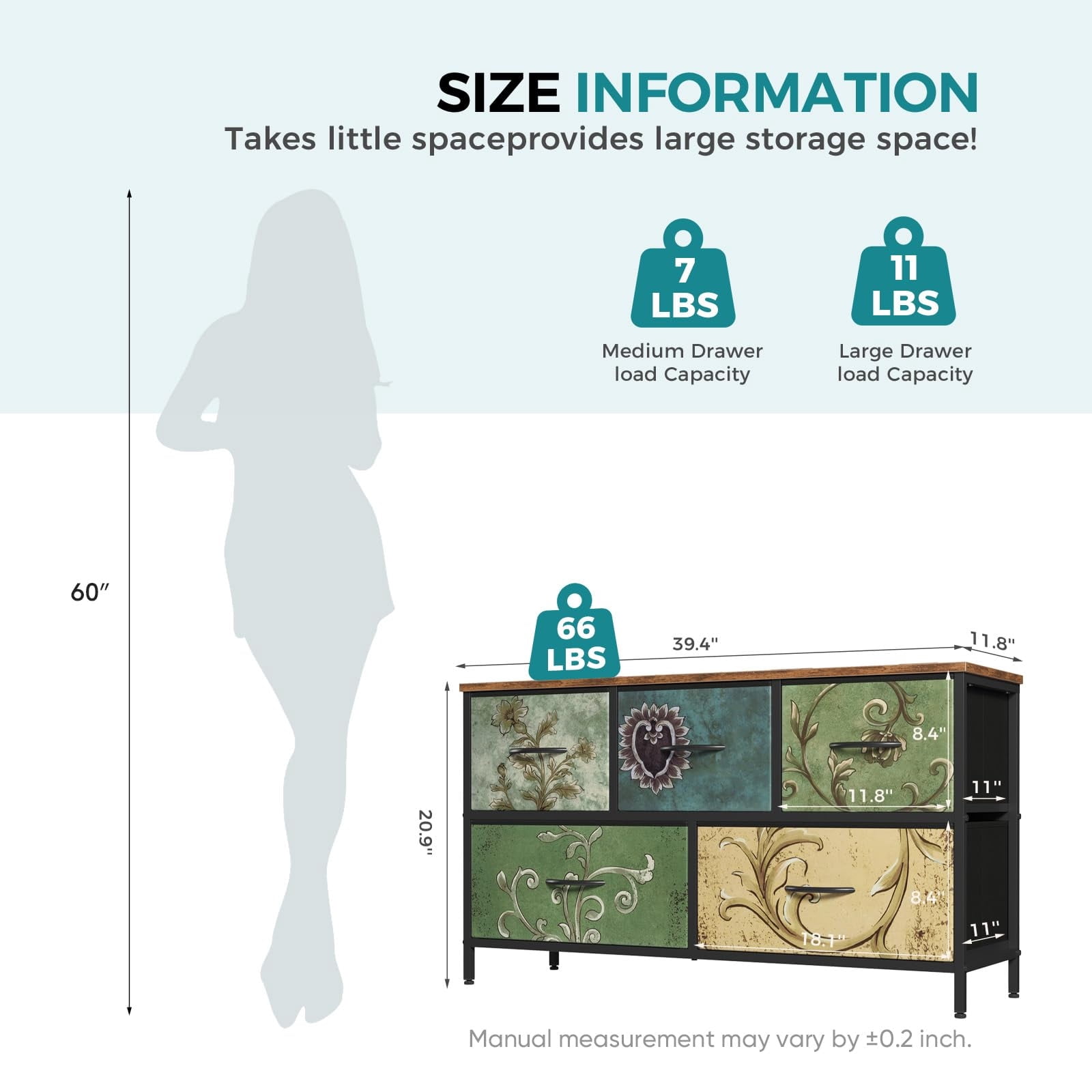 Telyra 5-Drawer Fabric Dresser TV Stand Organizer with Wood Top and Metal Frame, Floral Painted