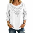 thumbnail image 2 of Tnhcen Women Boho Blouse 3/4 Puff Sleeve Floral Embroidered Top Round Neck Casual Loose Fit Solid Color A Line Summer Spring Shirt for Women Daily Vacation, 2 of 3