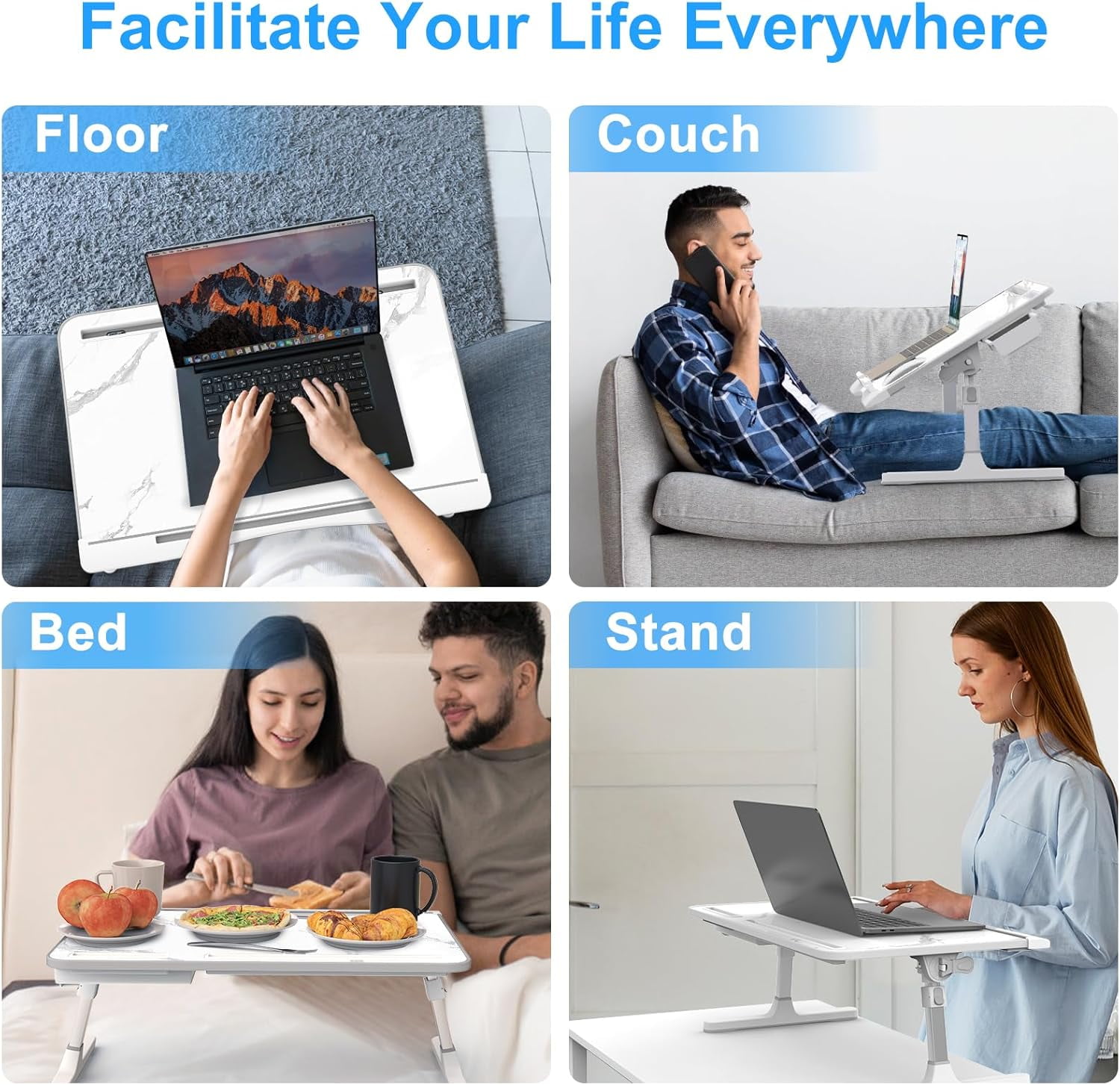 Laptop Overbed Desk with Drawer, Extra Large Foldable Overbed Desk Tray, (Marble, 23.6" x 15.7")