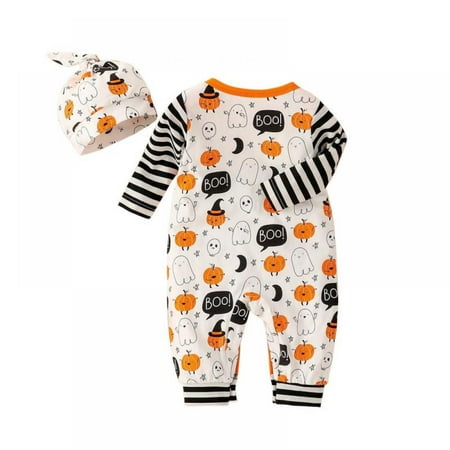 

SYNPOS 0-12M Baby Boys Girls 1st Halloween Pumpkin Jumpsuit Long Sleeve Romper Hat 2PCS Pajamas Outfit Set