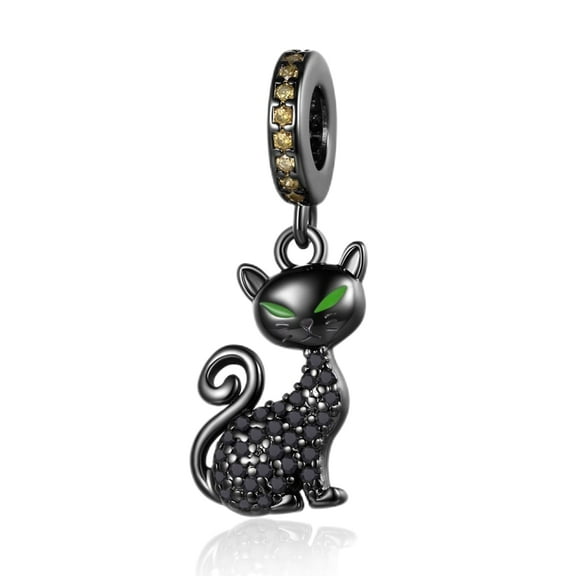 NINGAN Black Cat Dangle Silver Charm for Bracelets, 925 Sterling Silver-Plated