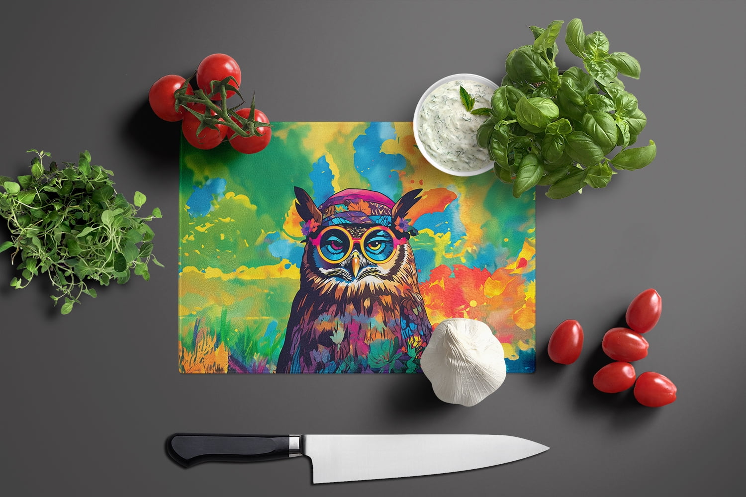 Hippie Animal Owl Glass Cutting Board 12 in x 15 in