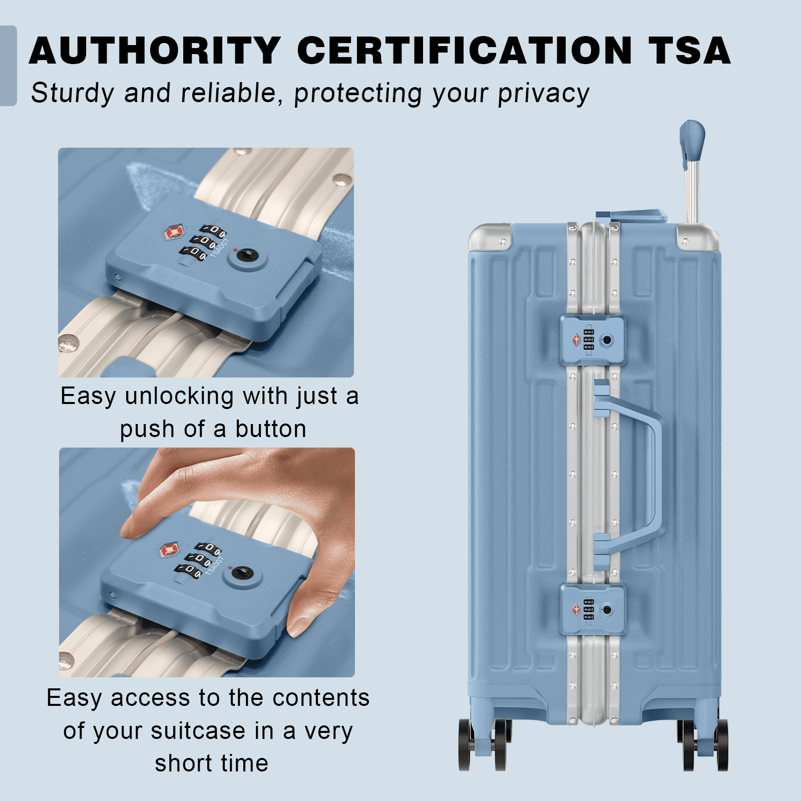 Checked Luggage PC ABS Aluminum Frame Hardside Zipperless Suitcase with Wheels TSA Lock 24 inch Blue
