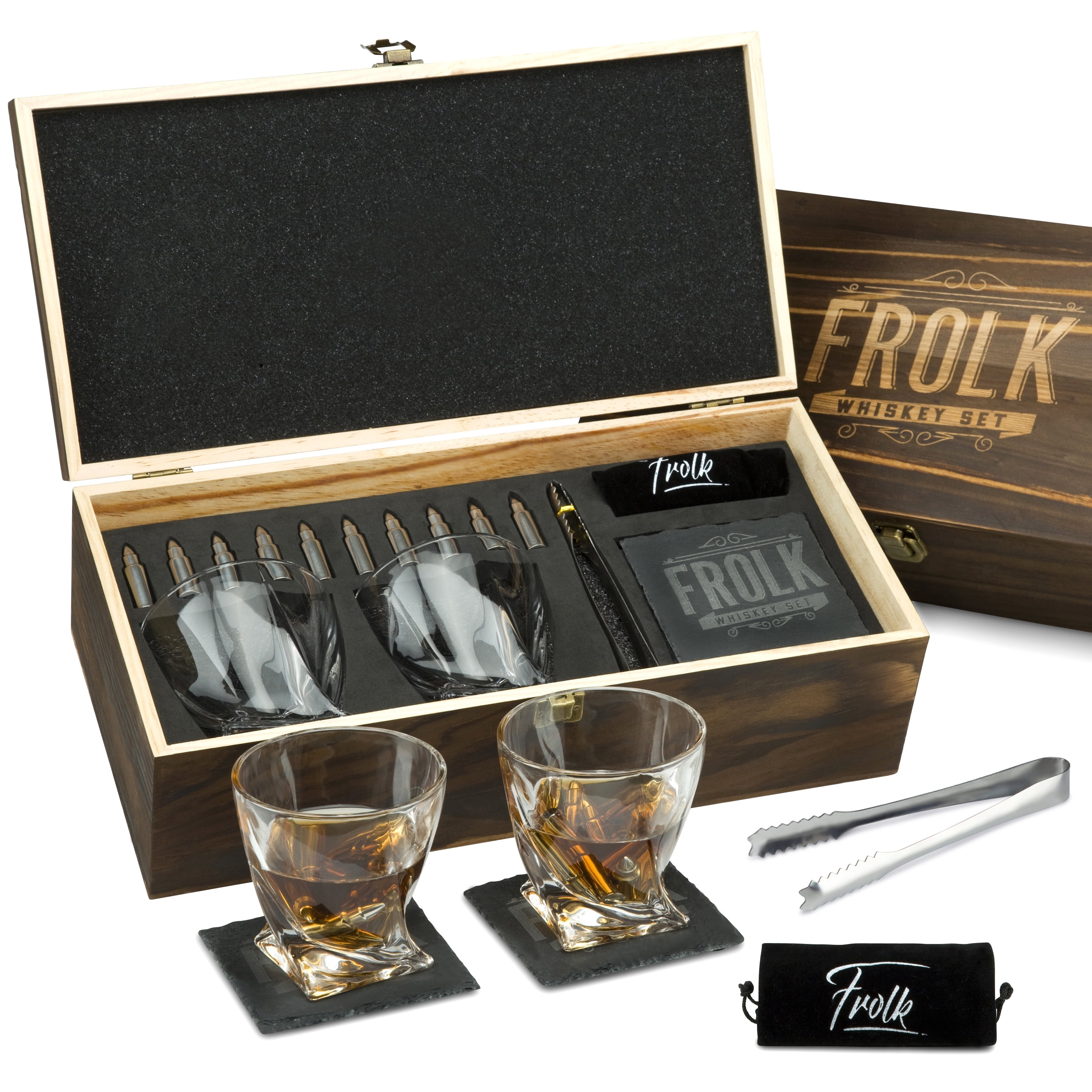 6 Chilling Rocks Large Crystal Drinking Cup Revolver Base In Fancy Wooden Box Twist Whiskey Glass and XL Bullet Stones Gift Set Tongs Cool Gift for Men Dad Boyfriend on Anniversary Retirement 