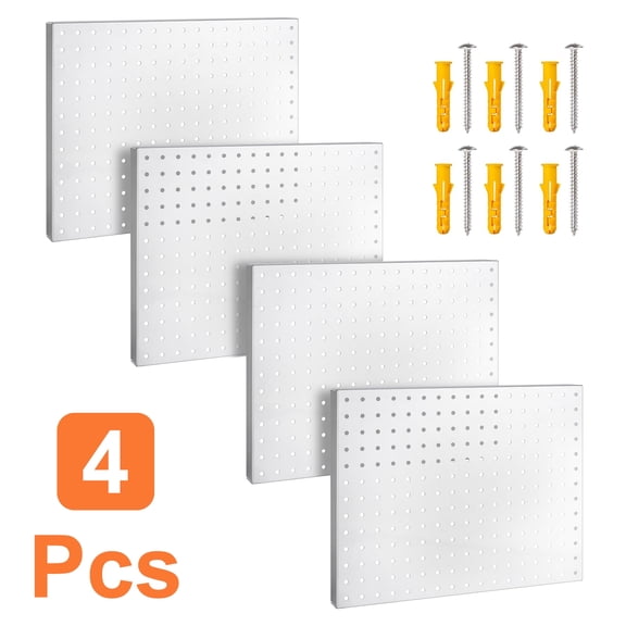 Heavy Duty Metal Pegboard Organizer - Wall Storage Steel Peg Board Panels Set 1/4 inch Round Holes 17"x13" 4 Pack Garage Craft Tool Display Hanging Rack Organization White Kit with Mounting Hardware