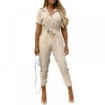 thumbnail image 2 of Xmarks Jumpsuits for Women Elegant Short Sleeve Button Down Casual Long Wide Leg Pants with Belt, Beige, S, 2 of 8