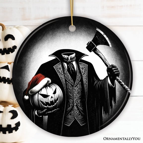 Horseman And Pumpkin With Santa Hat Ornament, Horror Themed Christmas Decor for Halloween Tree