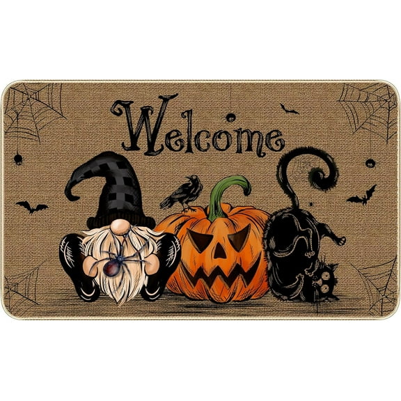 NIETEIN Halloween Door Mat Pumpkin Cat Gnomes Non-Slip Washable 31.5x19.7 Inch (Black Cat Pumpkin Dwarf)