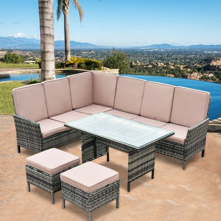 Lloyd Loom Wicker Patio Furniture Goplus 5PCS Patio Wicker Rattan Furniture Set Sofa Ottoman Garden Deck with Beige Cushions ()