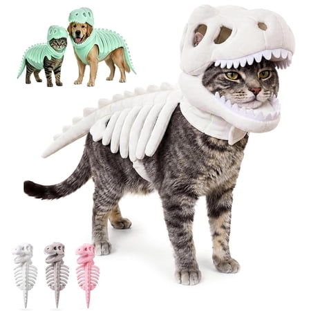 Pet Dinosaur Costume Glow in the Dark Dinosaur Skeleton Hooded Headwear for Cats and Dogs Halloween Cat Clothes Accessory Fun Dino Pet Costume for Parties and Photos White L