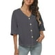 thumbnail image 1 of Camisas de lino para mujer, blusa con cuello en V y manga corta con botones en la parte delantera, Color puro, versión suelta, gris XXXL, 1 of 5