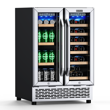 ROVRAK Dual Zone 2-in-1 Wine Cooler Beverage Refrigerator, 24-inch for 18 Bottles and 57 Cans with Stainless Steel Frame and Low Noise Operation