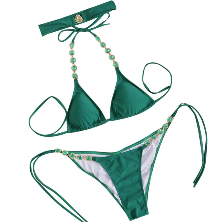 HAPIMO Women's Bikini Swimsuit Green Cup Diamond Halter Split Swimwear Sets  Summer Seaside Clothes for Girls Strappy Bathing Suit Solid Color