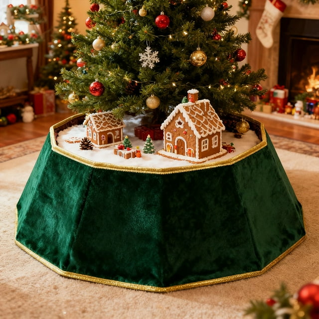 cpengpj Green Velvet Christmas Tree Skirt Foldable Polyester Holiday Decor for Festive Season