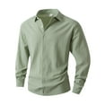 thumbnail image 2 of Men's Linen Shirts Lapel Collar Long Sleeve Button Down Business Casual Blouse Solid Dress Shirt Officewear (L, Green), 2 of 7