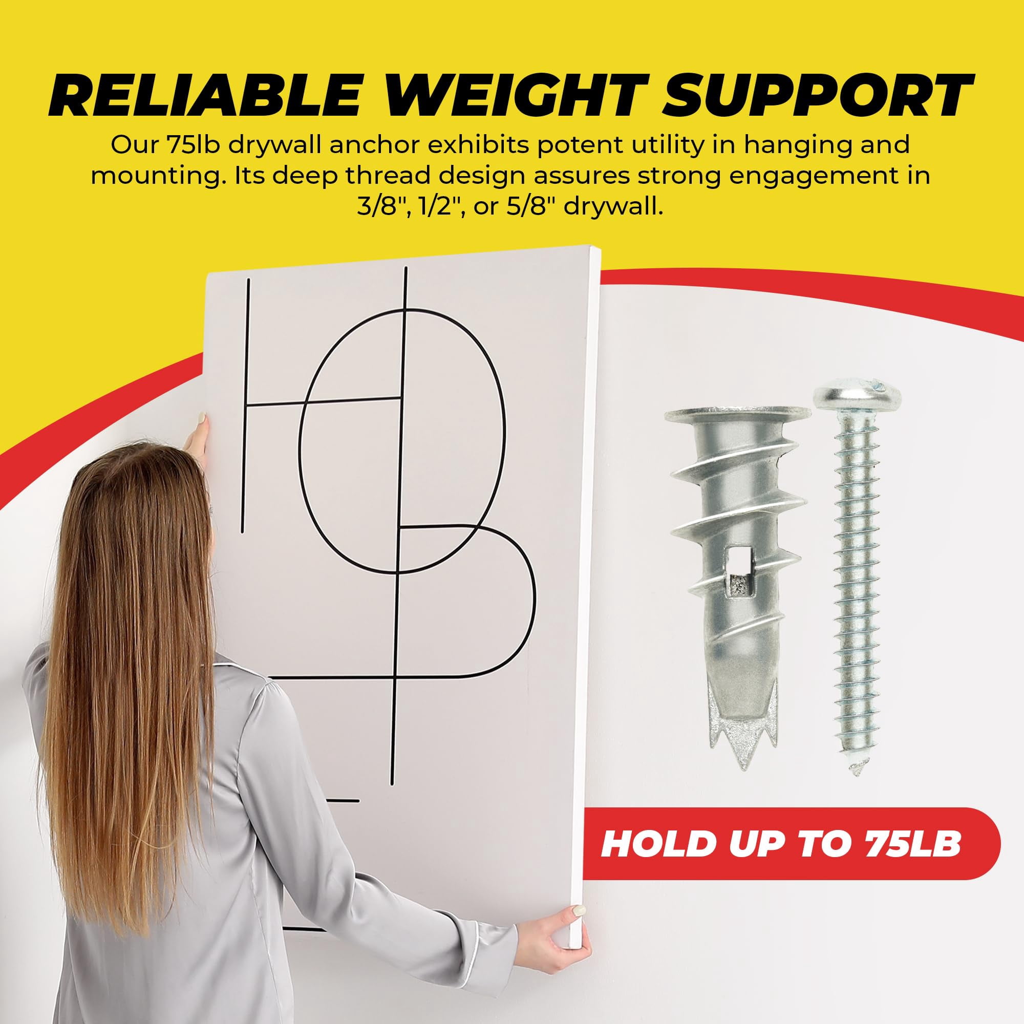 Zinc Self Drilling Drywall Anchor Hollow Wall Anchor Kit with Screws - Metal Self Drilling Drywall Anchors with Wide Screw Fins - #8 Zinc Drywall Anchors Heavy Duty - 50 Pack - 75 Lbs